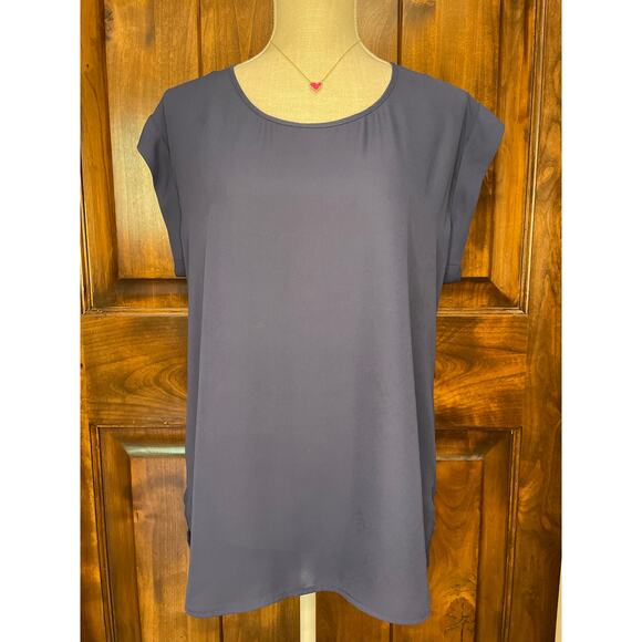 DR2 Blue Crepe Short Sleeve Pleated Blouse Size Medium - Picture 1 of 6